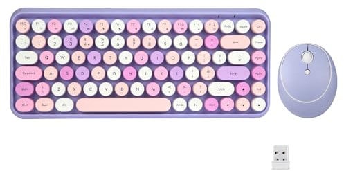 Perixx PERIDUO-713 Wireless Compact Keyboard and Mouse Combo - Pastel Blue, 2.4 GHz, Retro Round Keys, Pastel Purple, UK Layout