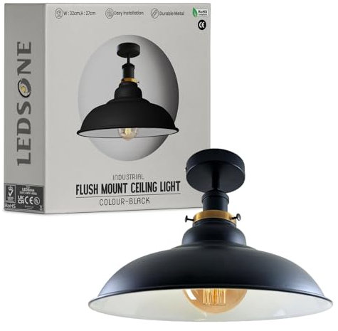 LEDSone Industrial Vintage Ceiling Light Semi Flush Mount Metal Lamp with Black Curvy Shade E27 Downlight Fixture for Living Room, Bedroom, Kitchen, Indoor Home Decor