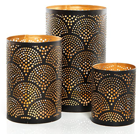 Logbuch-Verlag Laternen Set 3 Windlichter schwarz Gold orientalisch modern Metall Geschenk Deko Balkon Garten Terrasse 10 bis 18 cm