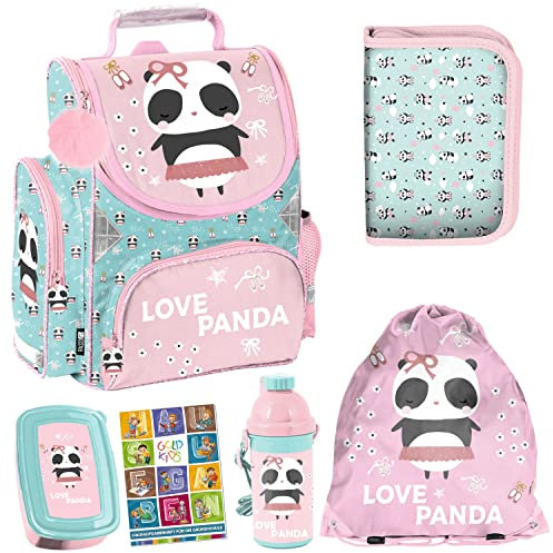 Goldkids Schulranzen Panda ergonomischer Ranzen Federmappe Turnbeutel Trinkflasche Brotdose Aufgabenheft für die Grundschule 6er-Set. Geeignet ab der ersten Klasse der Grundschule.