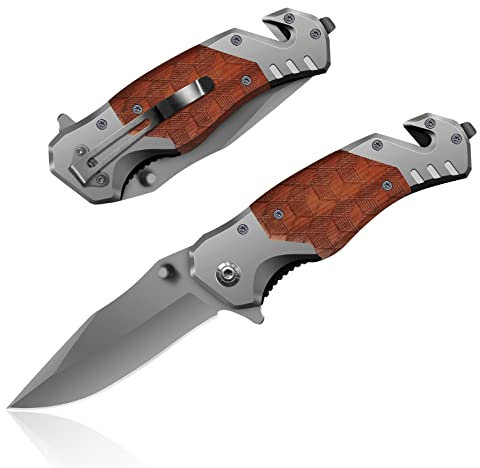 HONZIN Couteau Pliant 3 en 1 Couteau de Poche Multitool en Acier Inoxydable, Couteau de Survie de Camping (Manche en Bois)