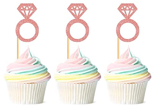 Blumomon 24 Stück rotgoldene Diamant-Ringe Cupcake-Toppers Glitzer-Diamant Hochzeitsring Cupcake-Picker für Hochzeit, Verlobung, Jahrestag, Valentinstag, Partyzubehör