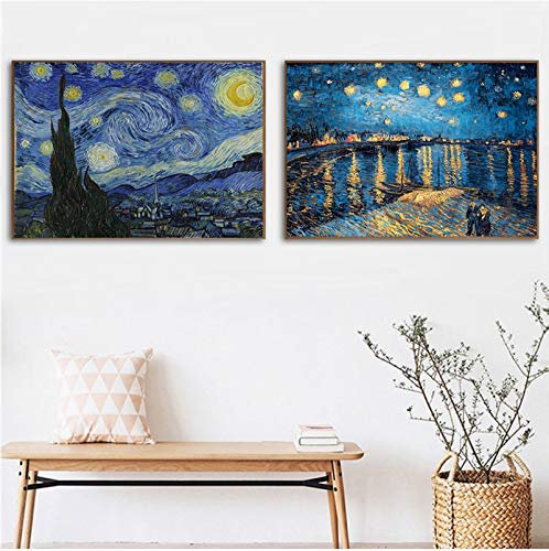 ZHMANLUCK Van Gogh Sternennacht Abstrakte Landschaft Moderne Wohnzimmerdekoration Leinwandposter Berühmter Wandkunstdruck Dekoratives Bild 50x70cm(20x28in) x2 mit Rahmen