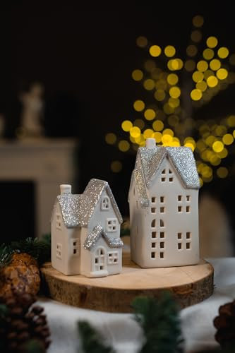 DARO DEKO Keramik LED Haus - Lichthaus Silber Glitzer 2er Set