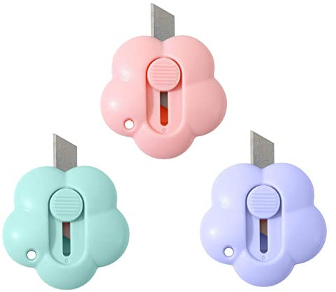 Mini Blume Förmiger Einziehbarer Edelstahl Brieföffner 3 Stück Tragbar als Schlüsselanhänger Messer Handwerk Hobbymesser für Schachtel Verpackung Utility Paketöffner (Grün+Pink+Violett)