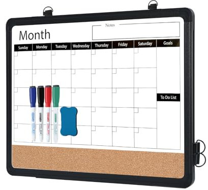 DumanAsen Monatlicher Whiteboard-Kalender und Korktafel für die Wand, magnetisch, 40,6 x 30,5 cm, trocken abwischbar, mit schwarzem Aluminiumrahmen, tragbare Tafel für Büro, Küche, Planung, Memo,