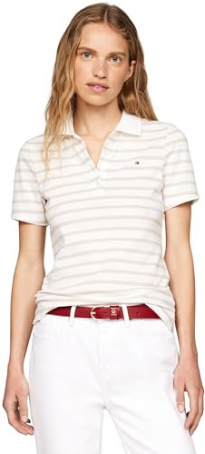 Tommy Hilfiger Donna Maglietta Polo Maniche Corte Stripe Slim Fit, Bianco (Breton STP/Ecru/Classic Beige), 3XL