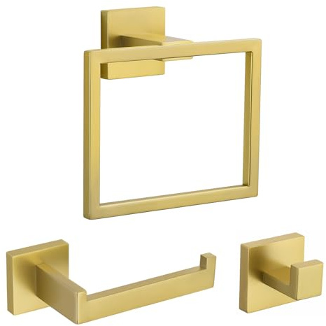 TURS Brushed Gold 3 Pieces Towel Ring Contemporary Style Wall-mounted | SUS304 Stainless Steel Wall-mounted Toilet Paper Holder Towel Bar Robe Hook