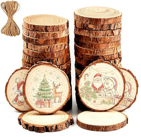 30 Stück Holzscheiben, BetterJonny Rund 6-7cm Holz Log Scheiben Kit mit Loch Unvollendete Holzkreise für DIY, Basteln, Hochzeit, Weihnachten Dekoration