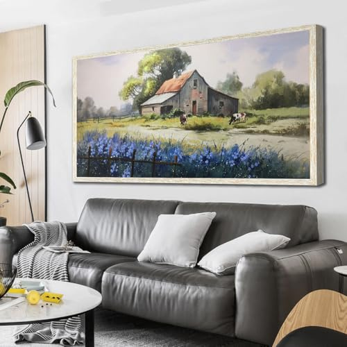 Ardemy Leinwandbild, Bauernhof, Kuh, Landschaftsbild, Dorf, Naturgemälde, Kunstwerk, Vintage, gerahmt für Wohnzimmer, Schlafzimmer, Badezimmer, Heimbüro, Wanddekoration, große Holzmaserung, gerahmt,