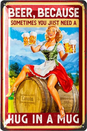 LANOLU Vintage Beer Sign - Sometimes You Need A Hug In A Mug - Beer Signs for man Cave, Metal Beer Signs, Funny Metal Bar Signs, Vintage beer signs - Embossed 12x8