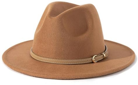 Bywenzai Männer Frauen Filz Top Hüte Fedora Panama Hüte Zylinder Mit Flacher Krempe Damen Französischer Filzhut Warmer Jazzhut Herren M (56-58Cm) Brauner Hut + Heller Khakifarbener Gürtel