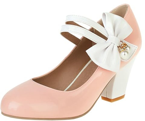 Etebella Damen Mary Jane High Heels Lack Pumps mit Blockabsatz und Schleife Rockabilly Vintage Schuhe(Rosa,41)
