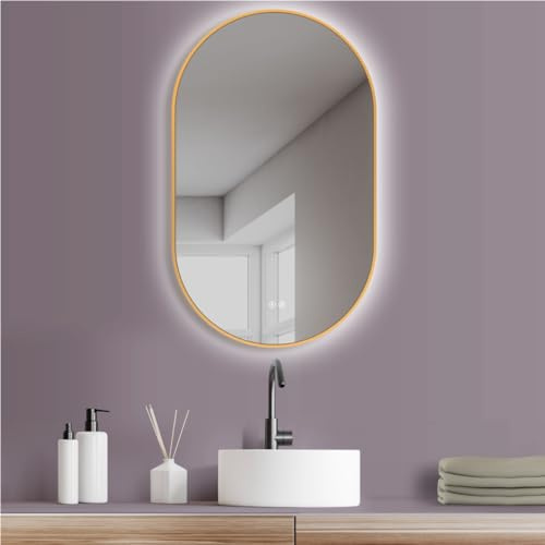 HOKO® Specchio LED Antiappannamento Ovale 50x90/90x50cm con Cornice Metallica Dorato. Montaggio Verticale/Orizzontale. Specchio-Bagno+Interruttore Tattile+Cambio di Luce Caldo/Freddo/Neutro 2700-6500K