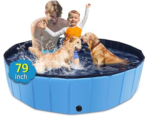 CACSPS Piscina Plegable para Perros de 220cm Pulgadas, Piscina portátil de plástico Duro de Gran tamaño para Perros, Gatos y niños y Mascotas, bañera de baño Plegable para Cachorros (Azul)