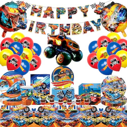 Decoration Anniversaire Cars,108 Pièces de l'Ensemble de Décoration d'Anniversaire Cars,Décoration de Fête Cars,Ballons de Cars,Nappe,Assiettes en carton etc.Pour Garçon&fille Fête d'Anniversaire.