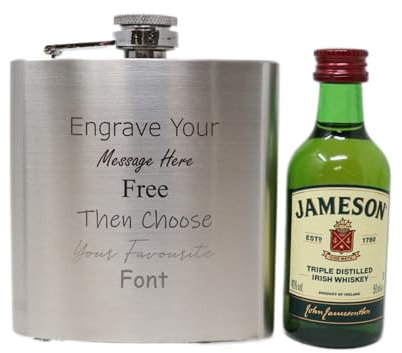 Personalised Silver Hip Flask & Miniature Alcohol (Irish Whiskey/No Gift Box)