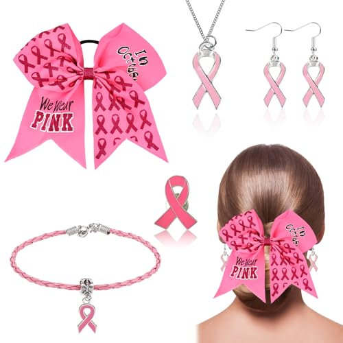 HOWAF Ruban Cancer du Sein Octobre Rose - Accessoires Noeud Cheveux, Pins, Bracelet, Collier, Boucles d'Oreilles Femme - Décoration
