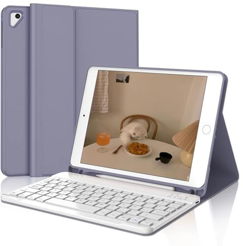 IVEOPPE Teclado iPad 6 Generación 9.7 2018, Funda Teclado Español Ñ Bluetooth Magnética Wireless para iPad 6a/5a/Pro 9.7/Air 2/Air 1, Púrpura Lavanda
