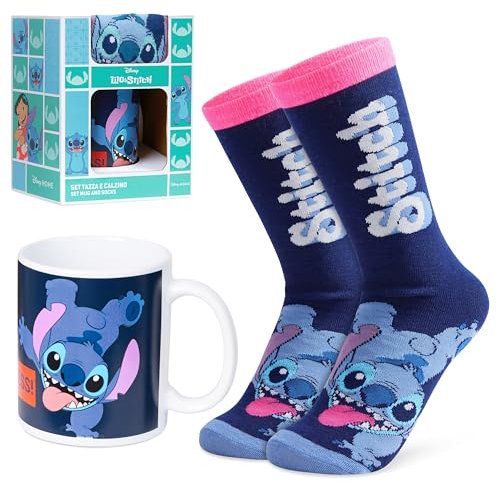Disney Stitch Tassen-Geschenkset, Kuschelige Damen Socken & Keramik Tasse, Geschenke für Frauen & Teenagers (Marine)