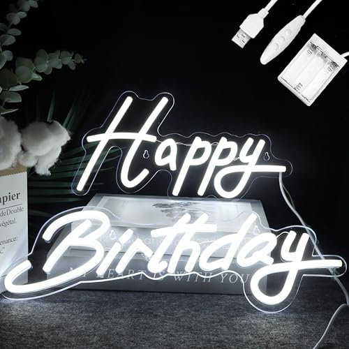 Ginsso Nihong 39.8x28.9CM Happy Birthday Neon Sign Battery Operated, 2 Sections Cool White Happy Birthday Neon Sign for Backdrop, Adjustable Brightness Happy Birthday Signs