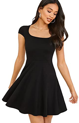 GORGLITTER Women's Scoop Neck Mini Dress with Short Cap Sleeve, High Waist, Ruffle Hem, A Line Swing Style - Summer Casual, Party, Travel, Black, XL