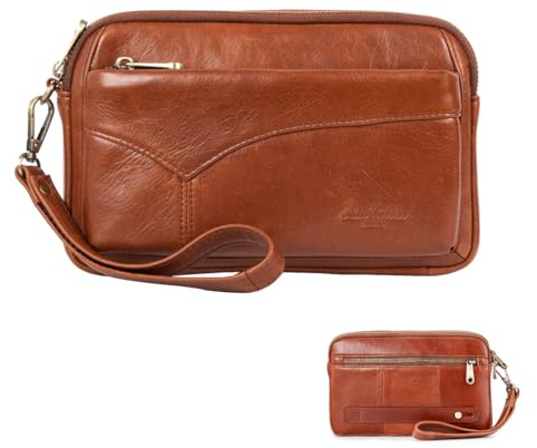 Homme Pochette Clutch Sac à Main en Cuir Véritable Grande Capacité pour Téléphone, Casual Portefeuille Long avec Dragonne Détachable, Petit Sac d'embrayage de Poignet pour Affaires Voyage Brown