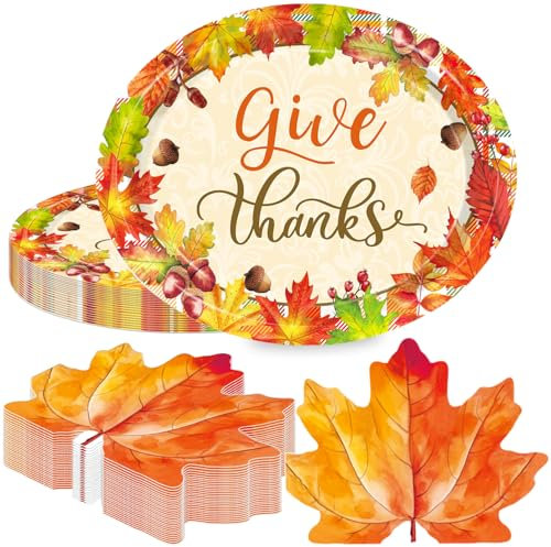 QIYANPAX 50 Pcs Thanksgiving Paper Plates Thanksgiving Disposable Large 9 X 11 Oval Plates Maple Leaf Napkins for Harvest Give Thanks Party Tableware Supplies Holiday Decorations