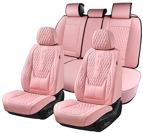 Coverado Seat Covers Full Set, Pink Car Seat Covers, Waterproof Car Seat Cover with Lumbar Support, Leather Car Seat Cushion Protector, Car Seat Covers Universal Fit Most Cars