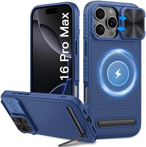 Vihibii for iPhone 16 Pro Max Case Magnetic, [Compatible with MagSafe], Built-in Kickstand & Slide Camera Lens Cover, Military-Grade Drop Protection & Shockproof Case for iPhone 16 Pro Max 6.9, Blue