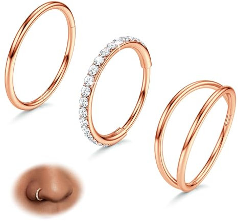 BodyBonita 3pcs Nose Rings Hoops - 316L Surgical Steel Double Hoop Nose Rings 20G Hinged CZ Conch Piercing Jewellery Septum Clicker Lip Rings Cartilage Earring Helix Rook Tragus Daith 7 mm Rose Gold