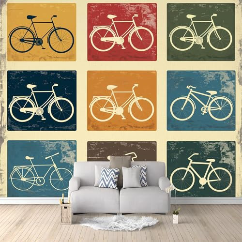 Tapete 3D Effekt Fahrrad-Ikone Retro-Stil Fototapete Wohnzimmer 200 x 140 cm Vlies Tapeten Wandtapete Moderne Wanddeko Wohnzimmer Schlafzimmer Büro