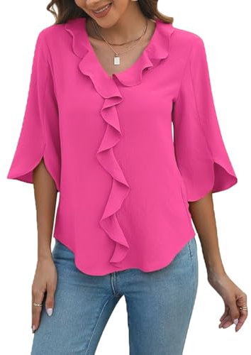 ABINGOO Mujer Gasa Blusas Manga 3/4 Cuello en V Volantes Shirt Elegante Verano Color Sólido Túnica Casual Camiseta(Rosa,XXL)