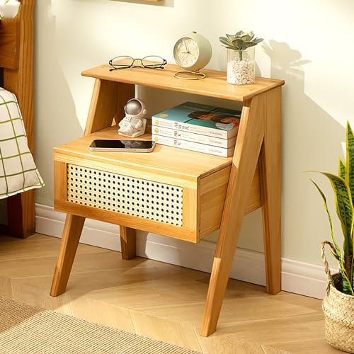 Moderner Nachttisch aus Leder, Bambus-Nachttisch mit Schublade, Nachttische mit Stauraum, brauner Nachttisch für Schlafzimmer, Nachttisch (Farbe: Log Color)