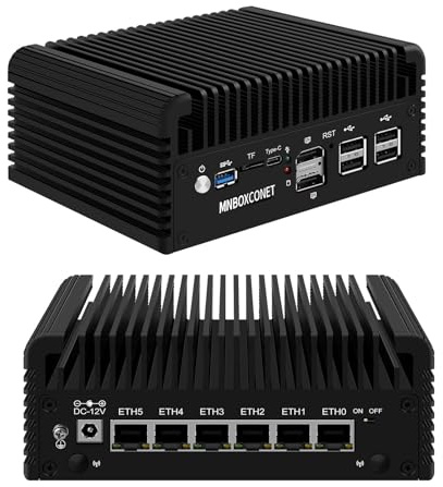 MNBOXCONET N150 Mini PC Firewall Lüfterlos (bis zu 3.6GHz), 6 x 2.5GbE I226-V LAN Fanless Micro Appliance Hardware Computer DDR5 8GB RAM 256GB SSD, Windows, OPNsense, Type C, Triple Display