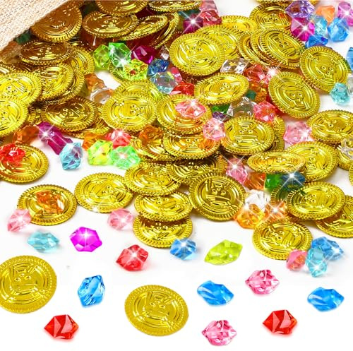 MARFOREVER 246 Stück Goldmünzen Piratenschatz Set, 145 Edelsteine mit 100 Goldmünzen Kinder und Piraten Schatzbeutel für Halloween Piraten Deko Kindergeburtstag Schatzkiste Kindergeburtstag
