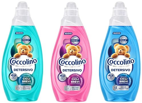 Coccolino Detersivo, Set 3 Flaconi, Ultra Clean + Ultra Care + Odor Protection, 37 Lavaggi Ciascuno
