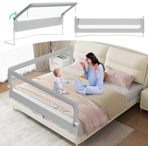 Tubiaz Barrera para cama de 150 cm, protección contra caídas, plegable 180 grados, altura ajustable 72-86 cm, rejilla para cuna con patas trapezoidales y correas de fijación, gris