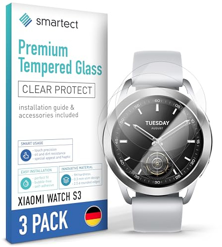 smartect Cristal Templado 3 Piezas para Xiaomi Watch S3 | Protector Pantalla HD Antiarañazos, Vidrio Templado 0.3 mm Ultra Transparente, Dureza 9H, Resistente a Impactos, Sin Burbujas