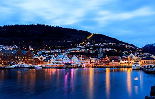1000-teiliges Puzzle, Norwegen Bergen Harbour City Abendgebäude Heimdekoration Puzzle 26 x 38 cm