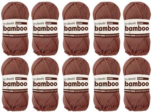 myboshi Bamboo, natürlich weiches Bambus-Baumwollgarn, zum Häkeln und Stricken, strapazierfähig, 50g, 125m, Braun (Kastanie), 10 Knäuel