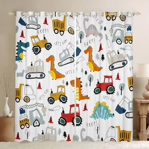 Thermoisolierte Vorhänge mit Cartoon Bauwagen Motiv Fenstervorhang mit Dschungel Dinosaurier Aufdruck Vollständig Verdunkelnd Sichtschutz Fenstervorhänge für Kinderzimmer, B75 cm x L165 cm x 2 Stück