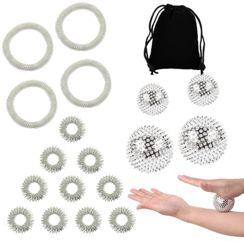 Liekadijiae Massageball Set,4 Stück Igelball Massage,10 Stk Akupressur Ring Finger,4 Handgelenk Massage Ring,Stachelige Sensorische Fingerringe,Skills Borderline Set,Für Stress Relief