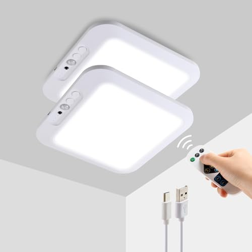 Wiederaufladbare LED Deckenleuchte mit Bewegungsmelder & Fernbedienung, 4000mAh Akku, Dimmbar, 3 Lichtfarben (3000K/4500K/6500K), Timer, Kabellose Lampe 2 Pack für Bad, Dusche, Schrank, Flur, Terrasse
