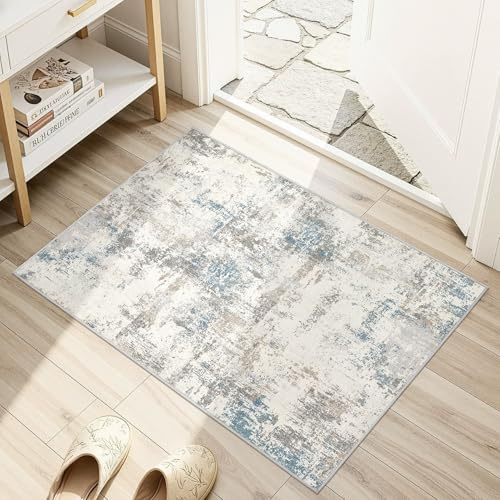 DMOYEST Kleiner Teppich 60x90cm Beige Blau Braun, Kurzflor Weich rutschfest Maschinenwaschbar, Geeignet für Eingang Bad Schlafzimmer Flur