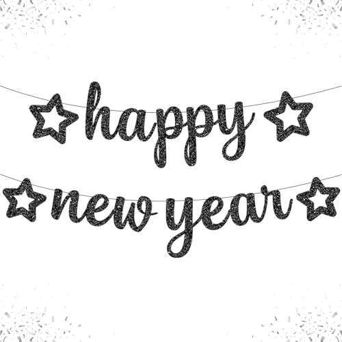 Mavouri Glitzer Happy New Year Girlande Schwarz, Silvester Deko 2026 Girlande, Deko Silvester 2026 Banner, Frohes Neues Jahr 2026 Girlanden, Neujahr Deko Banner für Silvesterdeko, New Year Decoration