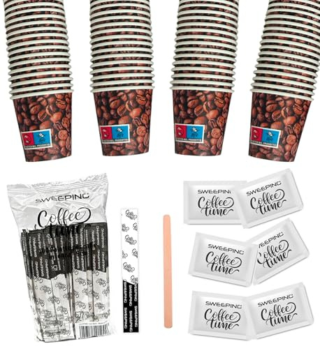 SWEEPING kit caffe bicchierini palettine e zucchero 600 Bicchierini Caffè + 600 Palette + 600 bustine zucchero - Bicchieri 65 ml in Carta e Palettine Usa e Getta Riciclabile, Colore Decorato