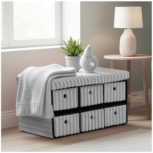 GC GAVENO CAVAILIA Large Storage Boxes with Lid | 6-Drawer Ottoman Storage Bench Footstool | Rectangular Ribbed Storage Box for Bedroom & Hallway | Toy, Clothes & Blanket Organizer (76x35x35cm), Grey