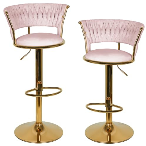 homewell Barhocker, geflochten, höhenverstellbar, Küchenhocker mit Rückenlehne, Fußstütze, für Küche, Theke, Rosa mit goldenen Beinen, 2 Stück