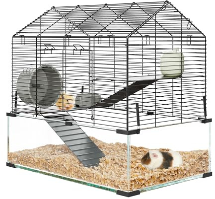 Hamsterkäfig für Zwerghamster, 3-stufiges Kleintierkäfig mit Glasboden, Hütte, Nagerkäfig mit Laufrad, Rampen, Zwerghamsterkäfig mit Futterschale, 58x39x54 cm, Schwarz